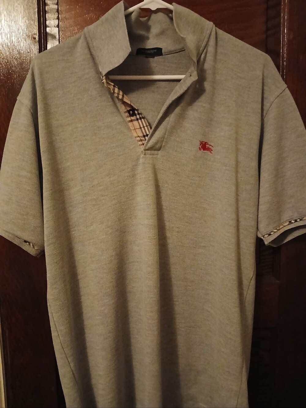 Burberry Light Gray Polo with Red Logo and Plaid Trim